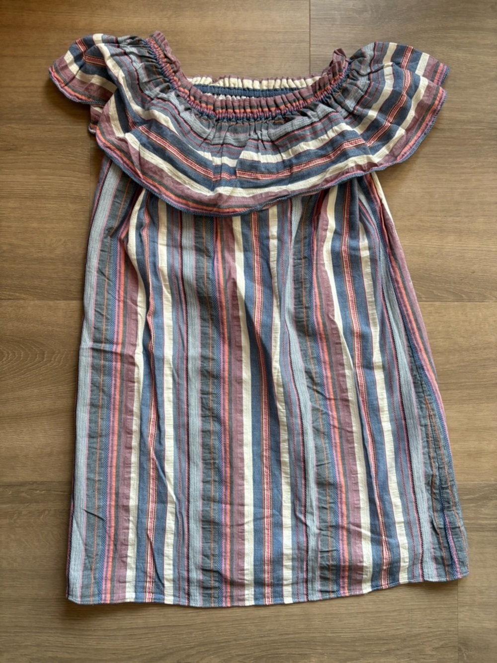 Parker Off-Shoulder Striped Mini Dress in Blue, pink and orange - size S